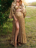 Plataz Golden Sparkly Sequin Side Slit Flare Sleeve Elegant Evening Gown Boho Maternity Photoshoot Baby Shower Party Maxi Dress Maternity