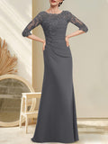 Plataz Scoop Floor-Length Chiffon Lace Mother of the Bride Dress With Beading Pleated HZ1007