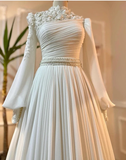 Plataz Wedding Dress Long Sleeves With Pearls Chiffon Appliques Long Pleated Bridal Gowns HZ1007