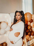 Plataz One Shoulder Cut Out Irregular Bodycon Long Sleeve Fashion Baby Shower Maternity Maxi Dress Maternity