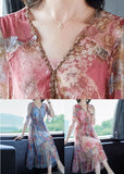 Plataz Pink V Neck Print Chiffon Long Dresses HZ1007