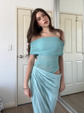 Chic Turquoise Sheath Evening Gown Off-the-shoulder Party Dress Tulle Long Formal Dress HZ1024