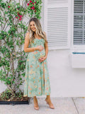 Plataz Green Floral Side Slit Ruffle Bow Flowy Back Zipper Photoshoot Baby Shower Maternity Maxi Dress Maternity
