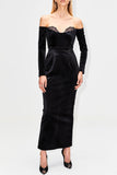 Plataz Eyelash Off Shoulder Long Sleeve Bodycon Velvet Maxi Evening HZ1007