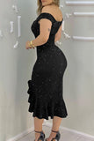 Plataz Elegant Solid Sequined Stringy Selvedge Off the Shoulder Evening Dress HZ1007