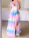 Plataz Pink-Blue Ombre V-neck Spaghetti Strap Cami Slit Boho Gender Reveal Party Maternity Maxi Dress Maternity