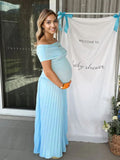 Plataz Solid Color Ruched Pleated Off Shoulder Big Swing Elegant Cocktail Party Maternity Photoshoot Baby Shower Maxi Dress Maternity
