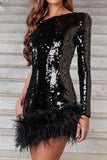 Plataz Party Solid Sequins Feathers Asymmetrical Oblique Collar Evening Dress HZ1007