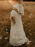Plataz White Off Shoulder Lace Tiered Boat Neck Flowy Elegant Maternity Photoshoot Dress Maternity