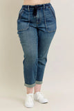 Plataz Blue Full Size HW Vintage Wash Jeans w/ Drawstring Plus Size DJPT