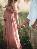 Plataz Pink Boho Flowy Bump Friendly Off Shoulder Photoshoots Maxi Dress Maternity