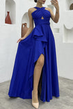 Plataz Formal Solid Slit Asymmetrical Halter Evening Dress HZ1007