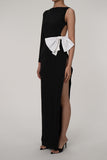 Plataz Boat Neck Cutout Big Bow High Split Maxi Evening Dress - HZ1007
