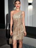 Plataz One Shoulder Tassel Stitching Sequ Dress Evening HZ1007