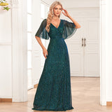 Plataz See Through Sleeve Pairs V Neck Pleated A Large Swing Evening Dress Wedding Sequined Mop HZ1007