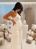 Plataz Beige Ruched Wrap Draped High Neck Sleeveless Bodycon Chic Going Out Maternity Photoshoot Baby Shower Maxi Dress Maternity