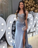 Plataz Mermaid Spaghetti Straps Sage Green Long Satin Prom Dresses Formal Evening Dress SD2416 HZ0628