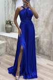 Plataz Solid Fold Halter Evening Dress HZ1007