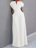 Plataz Sleeves Solid Color Split-Joint V-Neck Evening Dresses Maxi HZ1007