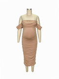 Plataz Khaki Ruched Off Shoulder Belly Friendly Baby Shower Club Party Tube Bodycon Maternity Midi Dress Maternity