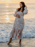 Plataz Ruffle Ruched High Waist Puff Sleeve Cute Photoshoot Maternity Maxi Dress Maternity