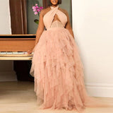 Plataz Size Wedding Women Dress Evening Dress Pink Halter Dress Large Swing Tulle HZ1007