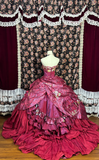 Elegant Burgundy Floral Satin Sweet 16 Quinceanera A-Line Strapless Sweetheart Evening Dress Long Ball Gown HZ1024