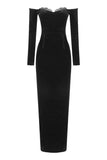 Plataz Eyelash Off Shoulder Long Sleeve Bodycon Velvet Maxi Evening HZ1007