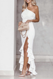 Plataz Solid Flounce Slit One Shoulder Evening Dress Dresses(8 HZ1007