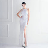Plataz Industry Micro Glass Bead Craft Beaded Cocktail Evening Dress Elegant Long Halter Split HZ1007