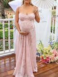 Plataz Pink Spaghetti Strap Backless Sheer Big Swing Chic Maternity Maxi Dress Maternity