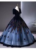 Vintage Navy Blue Velvet Beaded Sweet 16 Quinceanera A-Line V-neck Short-sleeved Evening Dress Long Ball Gown HZ1024