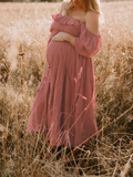 Plataz Pink Boho Flowy Bump Friendly Off Shoulder Photoshoots Maxi Dress Maternity
