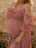 Plataz Pink Boho Flowy Bump Friendly Off Shoulder Photoshoots Maxi Dress Maternity
