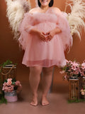 Plataz Grenadine Pink Off Shoulder Ruffle Tulle Tutu Plus Size Baby Shower Maternity Mini Dress Maternity