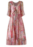 Plataz Pink V Neck Print Chiffon Long Dresses HZ1007