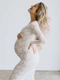 Plataz White Lace Sheer Bodycon Elegant Cocktail Party Maternity Baby Shower Maxi Dress Maternity
