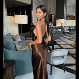 Elegant Shiny Satin Prom Dress Halter-neck Evening Gown Sheath Party Dress Long Formal Dress HZ1024