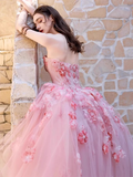Vintage Pink Applique Beaded Strapless Sweet 16 Quinceanera Sweetheart A-Line Floor-length Prom Dress Birthday Dress Evening Dress Ball Gown HZ1024