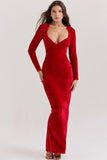 Plataz Sweetheart Neck Long Sleeve Velvet Bodycon Maxi Evening Dress - HZ1007