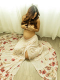 Plataz Two Piece Boho Flower Printing Off Shoulder Chiffon Crop Bandeau Photoshoot Maternity Maxi Dress Maternity
