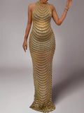 Plataz Gold Rhinestone Mesh Sleeveless Backless Photoshoot Bodycon Evening Plus Size Maternity Maxi Dress Maternity