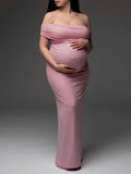 Plataz Pink Off Shoulder Belly Friendly Ruched Boat Neck Bodycon Photoshoot Maternity Maxi Dress Maternity