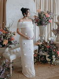 Plataz White Off Shoulder 3D Flowers Grenadine Sheer Bodycon Elegant Beach Photoshoot Baby Shower Maternity Maxi Dress Maternity