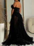 Plataz Bandeau Off Shoulder Feather Tulle Tutu Grenadine Photoshoot Maternity Maxi Dress Maternity