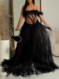 Plataz Bandeau Off Shoulder Feather Tulle Tutu Grenadine Photoshoot Maternity Maxi Dress Maternity