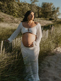 Plataz White 2 Piece Crochet Mesh Backless Flare Sleeve Bodycon Vacation Beach Photoshoot Baby Shower Maternity Maxi Dress Maternity
