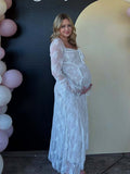 Plataz White Lace Corset Square Neck Flare Sleeve Off Shoulder Bodycon Elegant Cocktail Party Maternity Photoshoot Baby Shower Maxi Dress Maternity