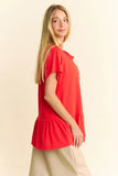 Plataz & Dani Solid Lace Trim Neck Short Sleeve Peplum Top DJPT