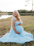 Plataz Solid Color Tulle Spaghetti Strap Backless Ruffle Lace-up Grenadine Photoshoot Gown Baby Shower Maternity Maxi Dress Maternity